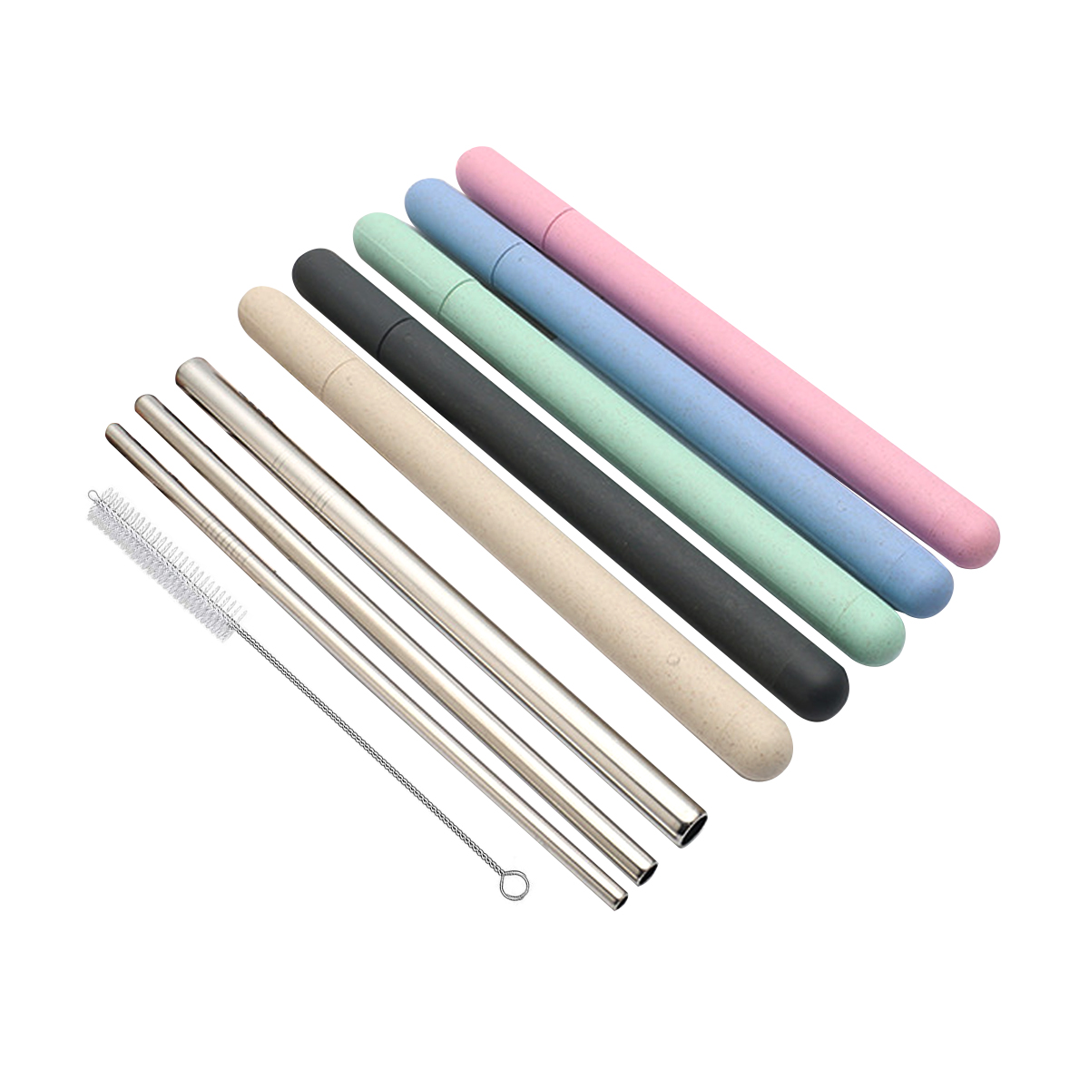 3pcs Stainless Steel Straws in Wheat Container